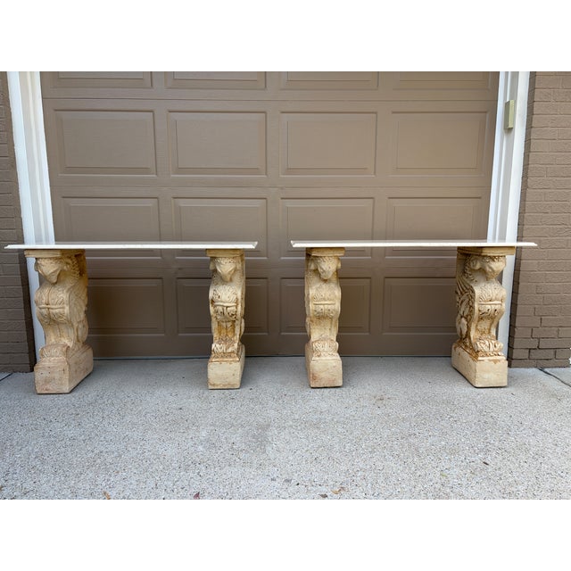 Late 20th Century Pair of Neoclassical Travertine Consoles With Winged Figural Bases For Sale - Image 4 of 14