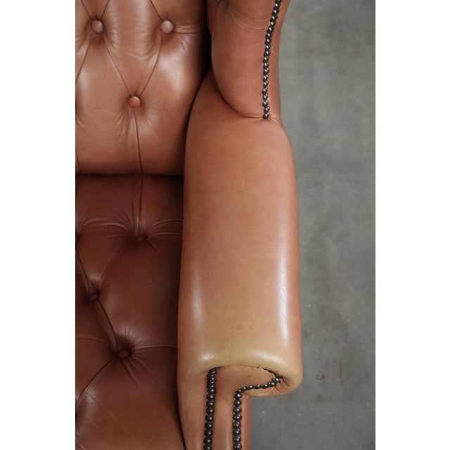 Classic English Cowhide Button-Seat Chesterfield Wing Armchair For Sale - Image 8 of 13
