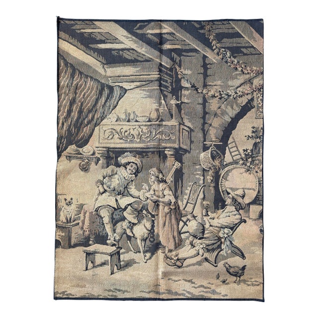 Large Aubusson Style French Tapestry Circa 1920s Musician With Men Tavern Scene Dog and Cat For Sale