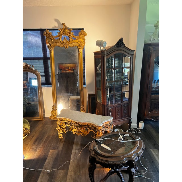 Antique French Louis XV Giltwood Pier Mirror With Marble Top Console – Rococo For Sale - Image 4 of 8