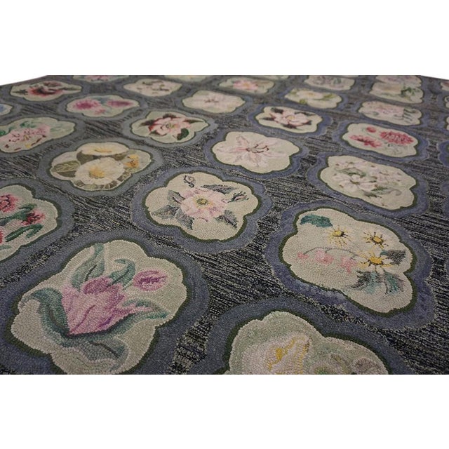 1930s Gray Roses Folk Art Antique American Hooked Rug 5'10" X 7'6" Woven Cotton Carpet For Sale - Image 11 of 12