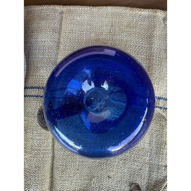 Spanish Revival Vintage Spanish Revival Hand-Blown Seeded Cobalt Blue Pinched Dimple Glass Pitcher & Tumbler Set - 8 Pieces For Sale - Image 3 of 8