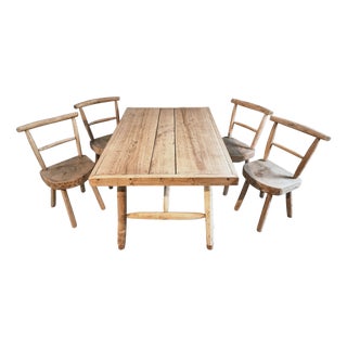 Rustic Handcrafted Dining Set with Oak and Ash, Table and 4 Chairs, 1960s, Set of 5 For Sale