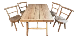 Rustic Handcrafted Dining Set with Oak and Ash, Table and 4 Chairs, 1960s, Set of 5