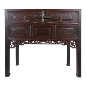 Late 19th Century Antique Chinese 2-Drawer Carved Side Table