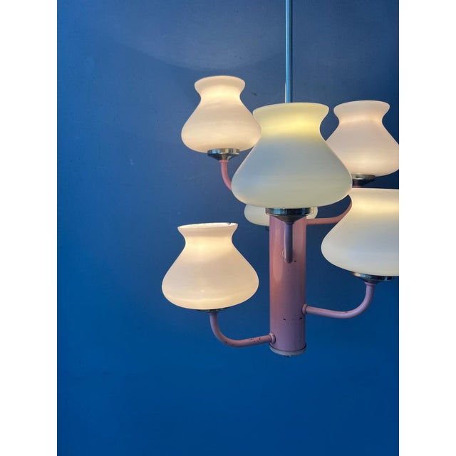 Metal Mid-Century White Opaline Glass Chandelier with Pink Frame For Sale - Image 7 of 13