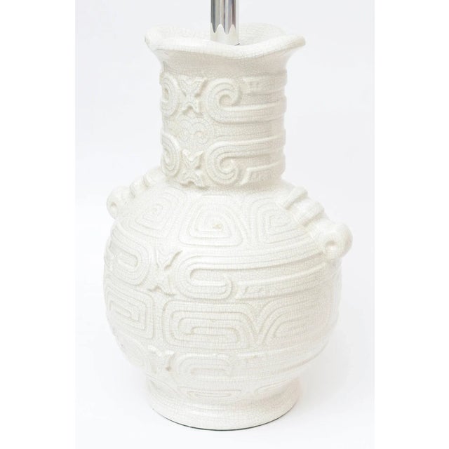Mid-Century Modern Italian Vintage Crackled Glazed Ceramic Monumental Table or Desk Lamp Aztec Design For Sale - Image 3 of 11
