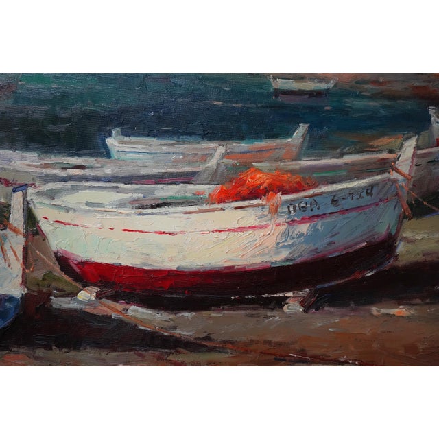 Artist Signed Boat & Village Oil Painting on Canvas For Sale In Philadelphia - Image 6 of 12