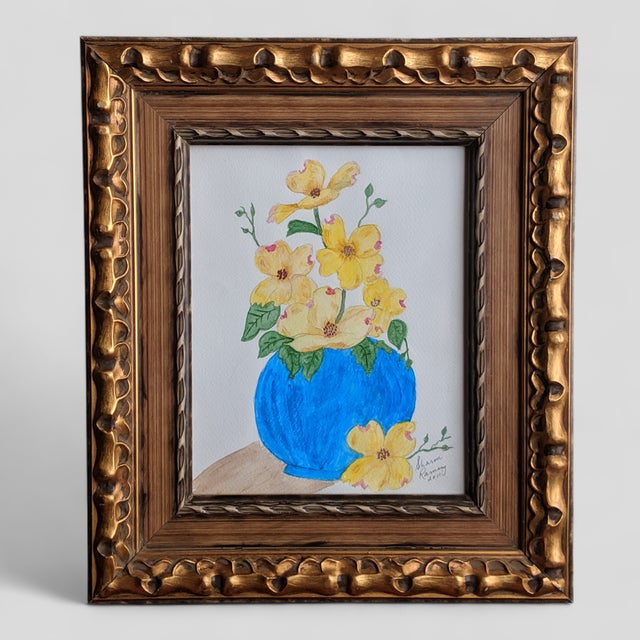 Yellow Original Still Life Dogwood Flowers in a Vase Watercolor Painting Framed For Sale - Image 8 of 10