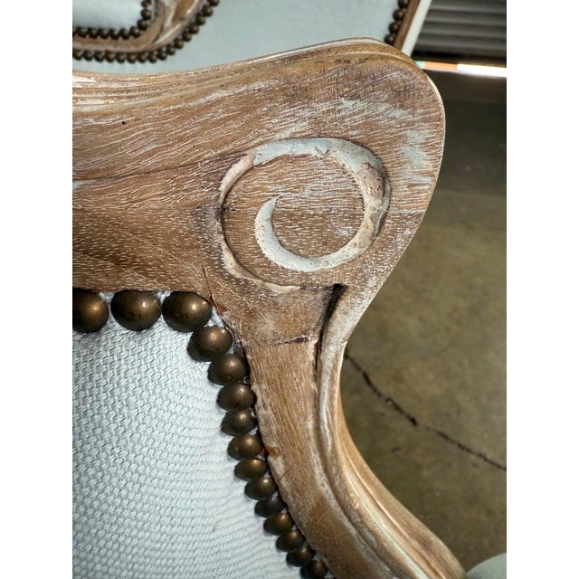 Pair of Louis XV Style French Bergères – Pale Blue Linen For Sale - Image 13 of 15