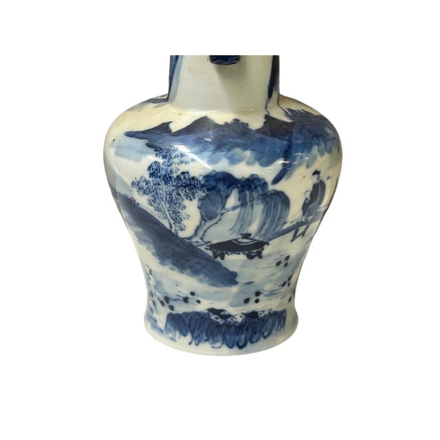 Oriental Small Blue White Scenery Graphic Porcelain Art Vase For Sale - Image 15 of 15