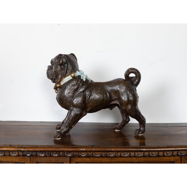 Early 20th Century English 1900s Standing Terracotta Pug Sculpture with Glass Eyes and Collar For Sale - Image 5 of 9