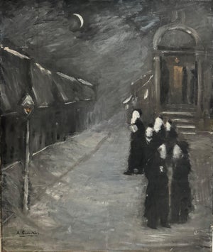 Pre War European Hasidic Rabbi Kiddush Levana (Moon) German Judaica Oil Painting, c.1930s