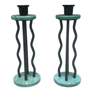 Vintage Memphis Black and Green Marble Candlestick Holders- A Pair For Sale