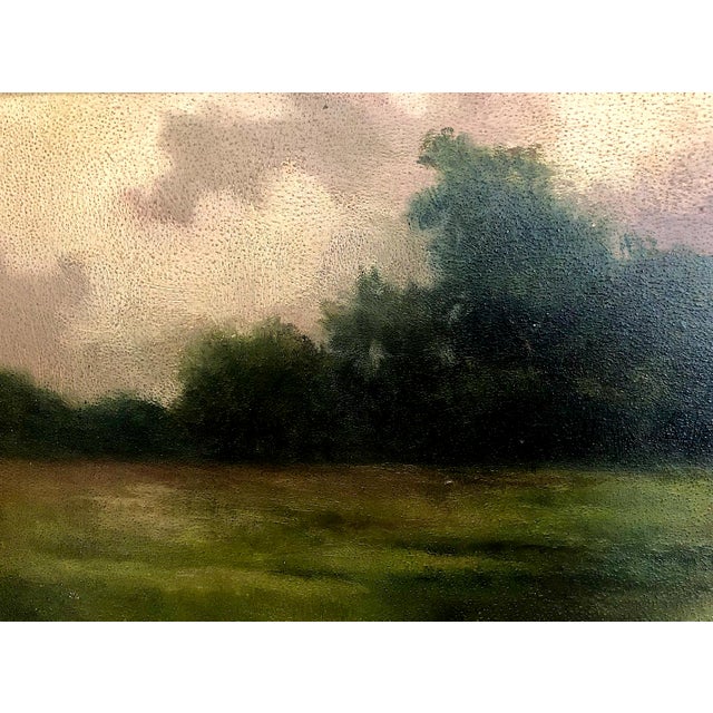 This piece is a classic Tonalist-inspired landscape oil painting executed on an antique oak wood panel. Measuring 5.5...