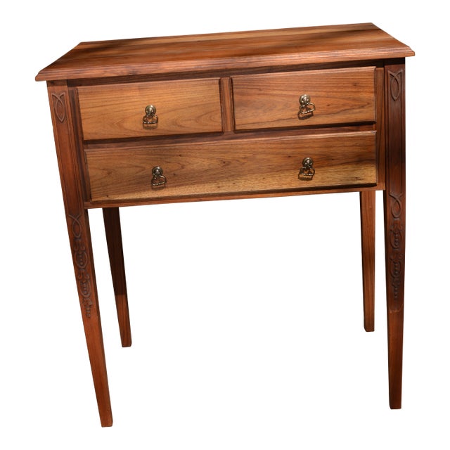 1980s Vintage Wooden English Tall Legged Cabinet or Desk W/ 3 Drawers & Carving For Sale