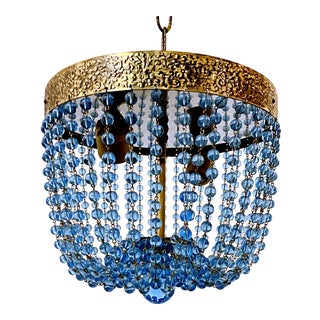 Mid 20th Century Italian Brass Rim Basket Chandelier With Blue Beads For Sale
