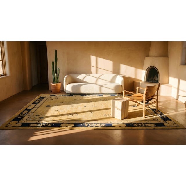 Captivating Beige Background and Black Border With Chinoiserie Pattern Antique Chinese Peking Rug For Sale - Image 10 of 11
