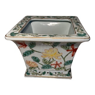 Vintage Hand Painted Square Glazed Pottery Planter For Sale