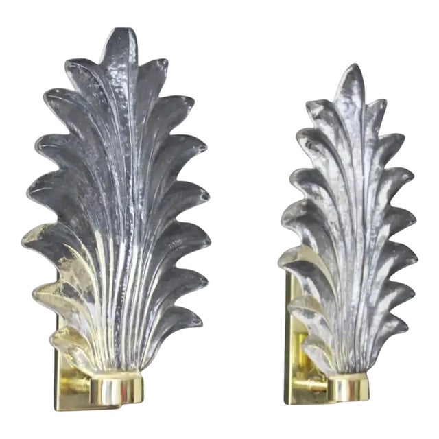 Tall Clear Murano Glass Palm Tree Leaf Sconces, 2000, Set of 2 For Sale
