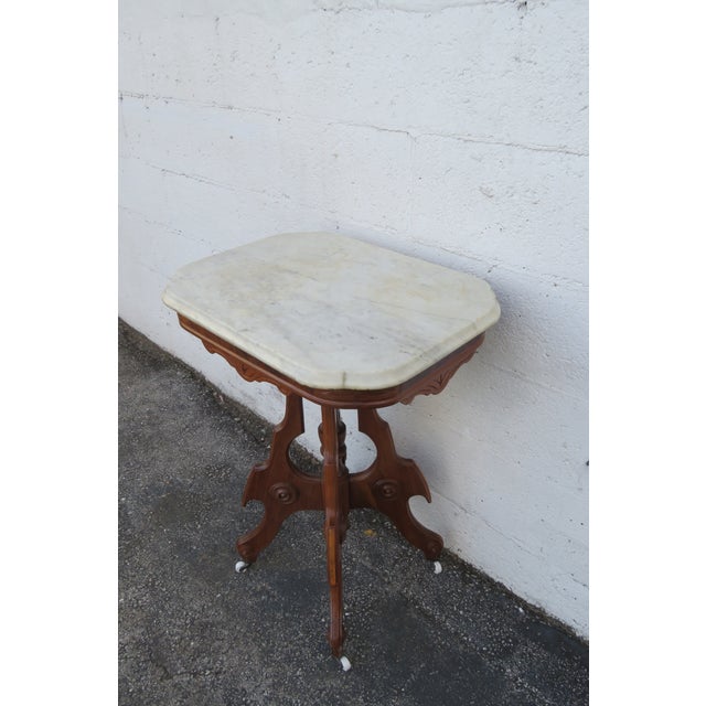 Victorian Late 1800s Victorian Eastlake Marble Top Carved Side Table 6295 For Sale - Image 3 of 17