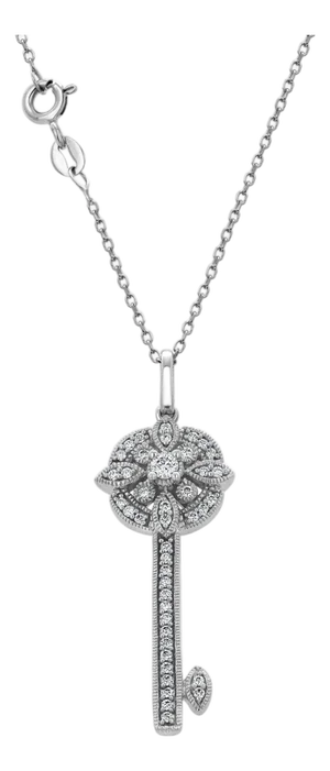 14k White Gold Diamond Key Pendant Necklace 1.5 Inch Long