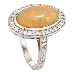 Mid 20th Century Fire Opal Diamond Large Oval 18k White Gold Cocktail Ring Size 9