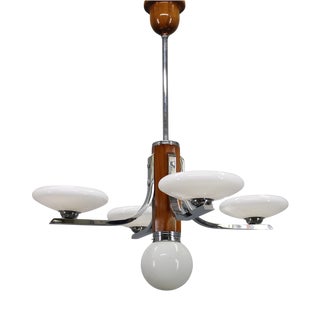 Art Deco Chrome and Walnut Chandelier with Milky Glass Shades, Former Czechoslovakia, 1930s For Sale