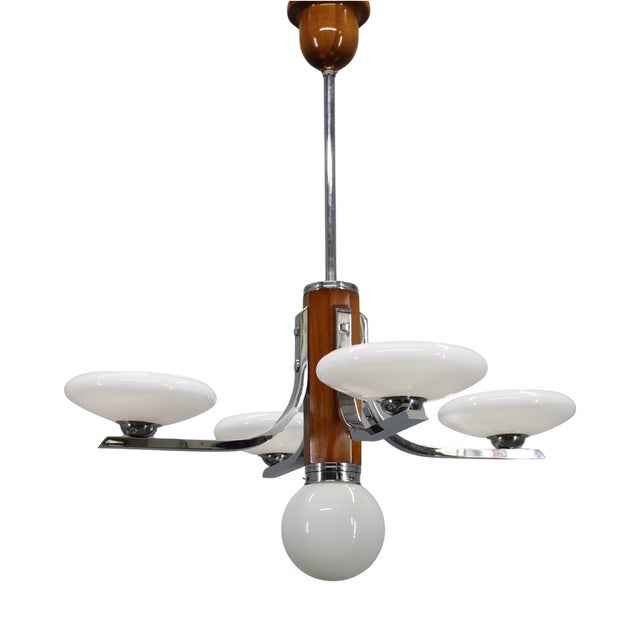 Art Deco Chrome and Walnut Chandelier with Milky Glass Shades, Former Czechoslovakia, 1930s For Sale