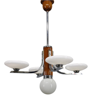 Art Deco Chrome and Walnut Chandelier with Milky Glass Shades, Former Czechoslovakia, 1930s