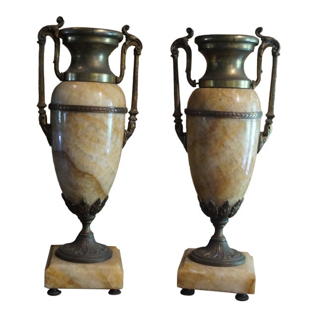 Early 1900s French Onyx and Bronze Mantle Urns - A Pair For Sale