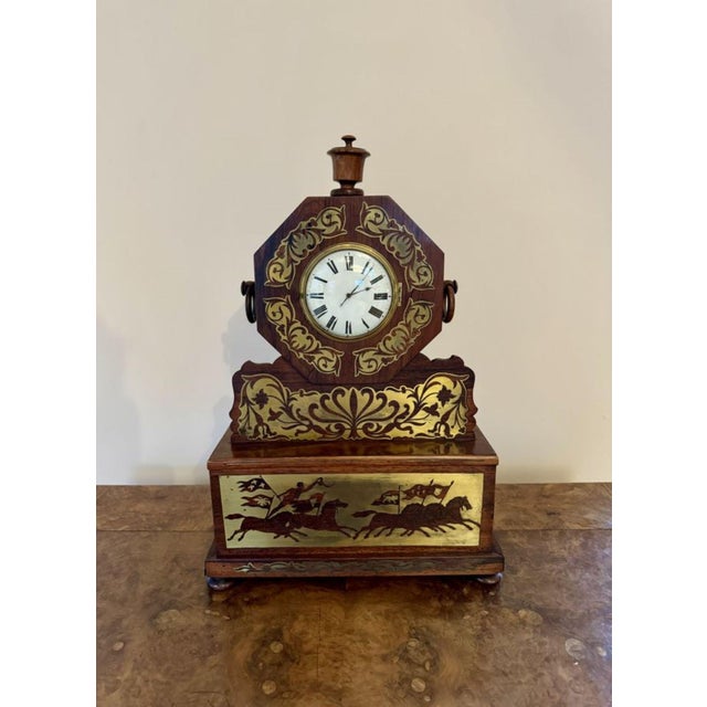 Wonderful quality antique Regency rosewood brass inlaid mantle clock, having a quality rosewood brass inlaid case...