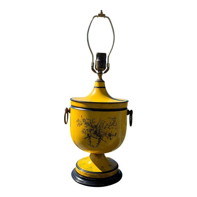 Mid 20th C. Neoclassical Yellow + Black Toile Table Lamp For Sale