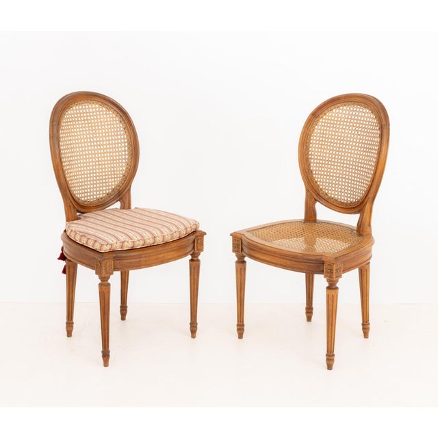 Wood Set of Six Louis XVI Style Cane-Paneled Walnut Dining Chairs For Sale - Image 7 of 13