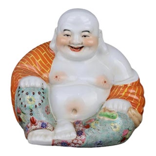 Chinese Vintage Ceramic Buddhist Sculpture,Hand Carved Famille Rose Porcelain Statue of Maitreya Buddha For Sale