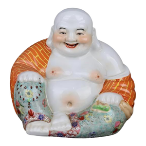 Chinese Vintage Ceramic Buddhist Sculpture,Hand Carved Famille Rose Porcelain Statue of Maitreya Buddha