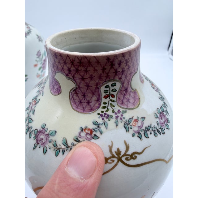 Antique Chinese Export Armorial Famille Rose Porcelain Urns, Qianlong Period, Circa 1790–1810, Pair For Sale - Image 13 of 18