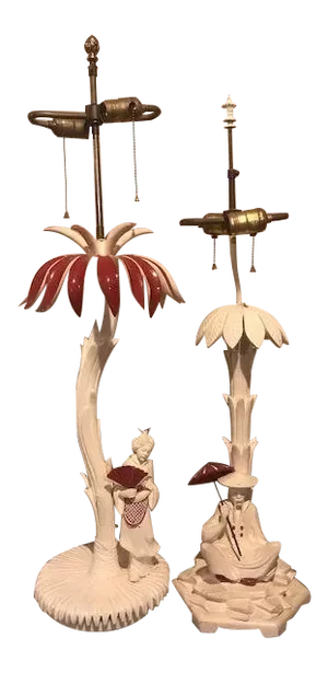 1960s Vintage Hollywood Regency Chinoiserie Style Lacquered Lamps - a Pair