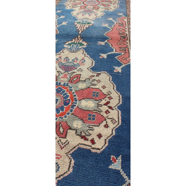 Textile Grand Dual Medallion Oushak Vintage Runner From Turkey in Red and Blue For Sale - Image 7 of 9