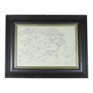 1970s Pencil Drawing of Two Flying Lovers