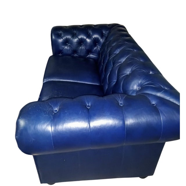 Elevate Your Living Space With These Navy Chesterfield Genuine Leather Sofa and Loveseat Set For Sale - Image 4 of 12