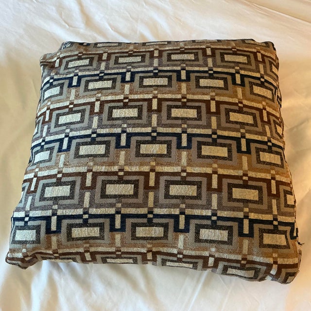 Textile Vintage Boho Chic Contemporary Modern Navy-Brown Geometric Pillow. For Sale - Image 7 of 7