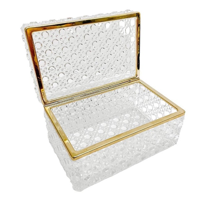 Mid-Century Modern Mid 20th Century French Diamond Cut Crystal Hinged Casket Box With Brass Frame For Sale - Image 3 of 8