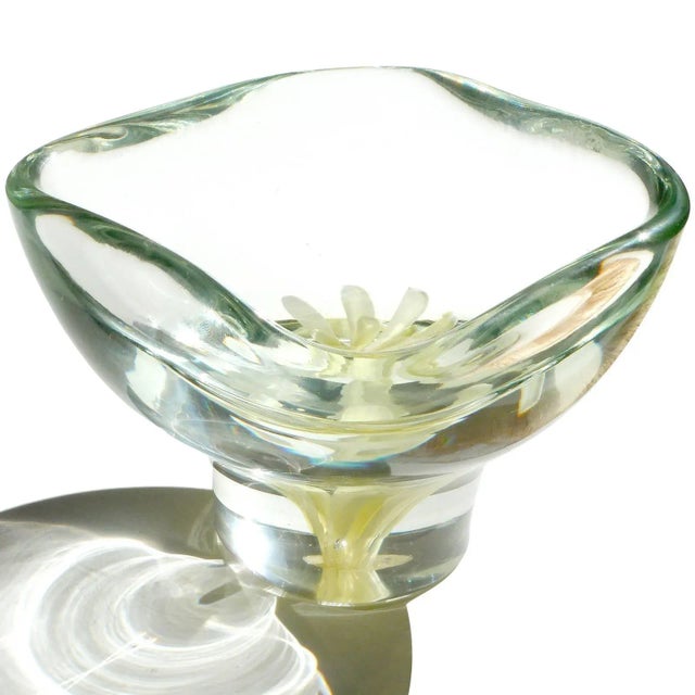 Mid-Century Modern Vintage Murano Fratelli Toso Yellow Blue Italian Art Glass Flower Design Paperweight Bowls Catchalls - A Pair For Sale - Image 3 of 9