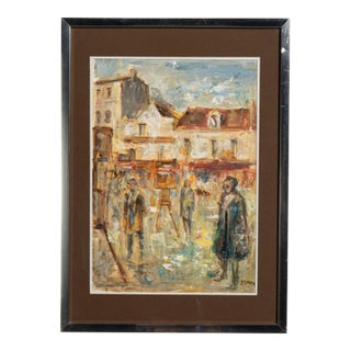 20th Century French Dark Brown Signed Oil on Panel Impressionist Street Scene in Passe-Partout For Sale