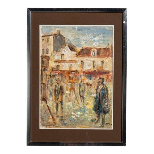 20th Century French Dark Brown Signed Oil on Panel Impressionist Street Scene in Passe-Partout For Sale