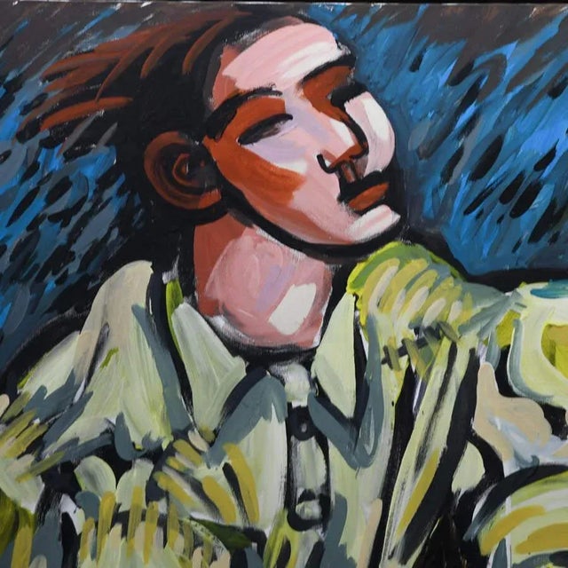 Expressionism Framed Signed Oil on Canvas Painting of a Man Sitting For Sale - Image 3 of 5