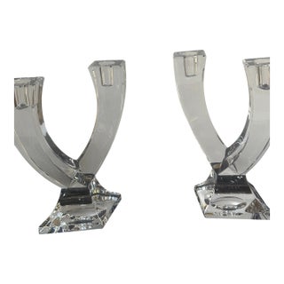Vintage 1970s Signed Sevres Crystal France MCM Style Double Head Candleholder Set of Two(2) For Sale