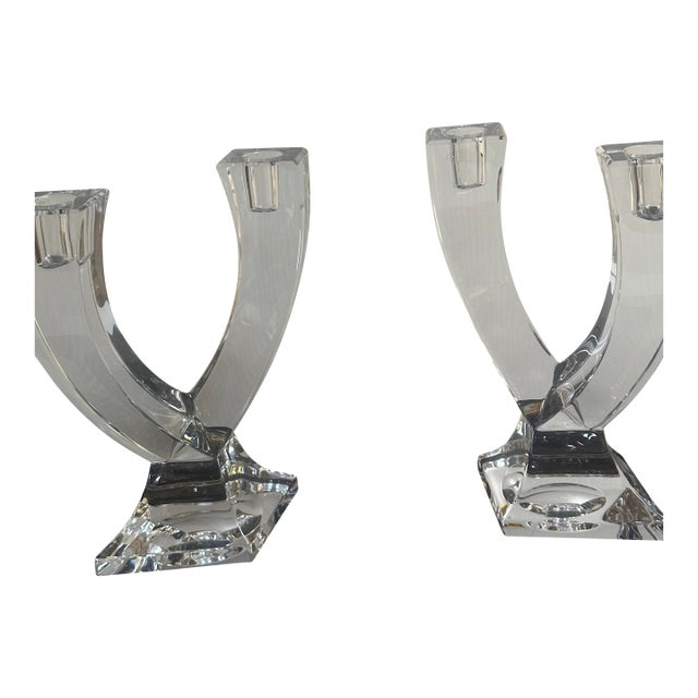 Vintage 1970s Signed Sevres Crystal France MCM Style Double Head Candleholder Set of Two(2) For Sale