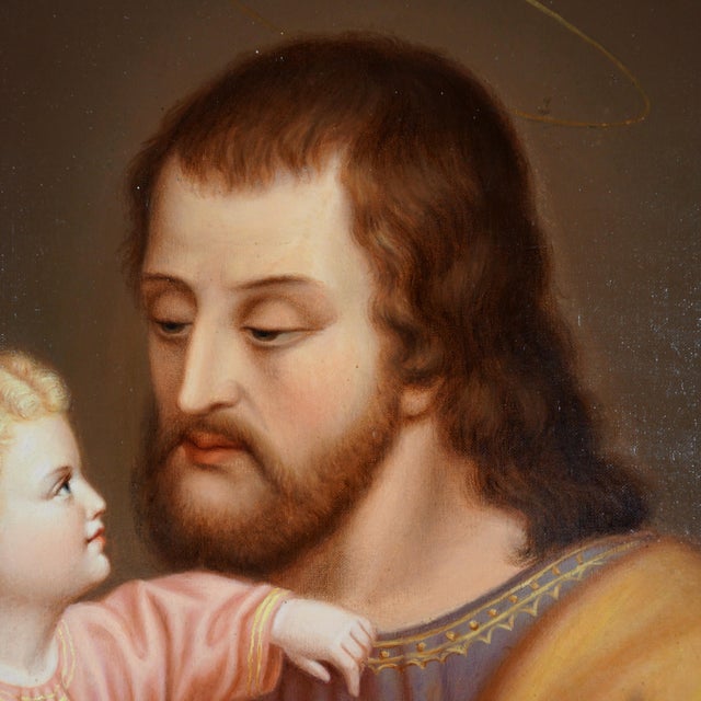 Antique Religious Portrait of Saint Joseph & Baby Jesus French or Austrian School Oil Painting on Canvas For Sale - Image 4 of 10